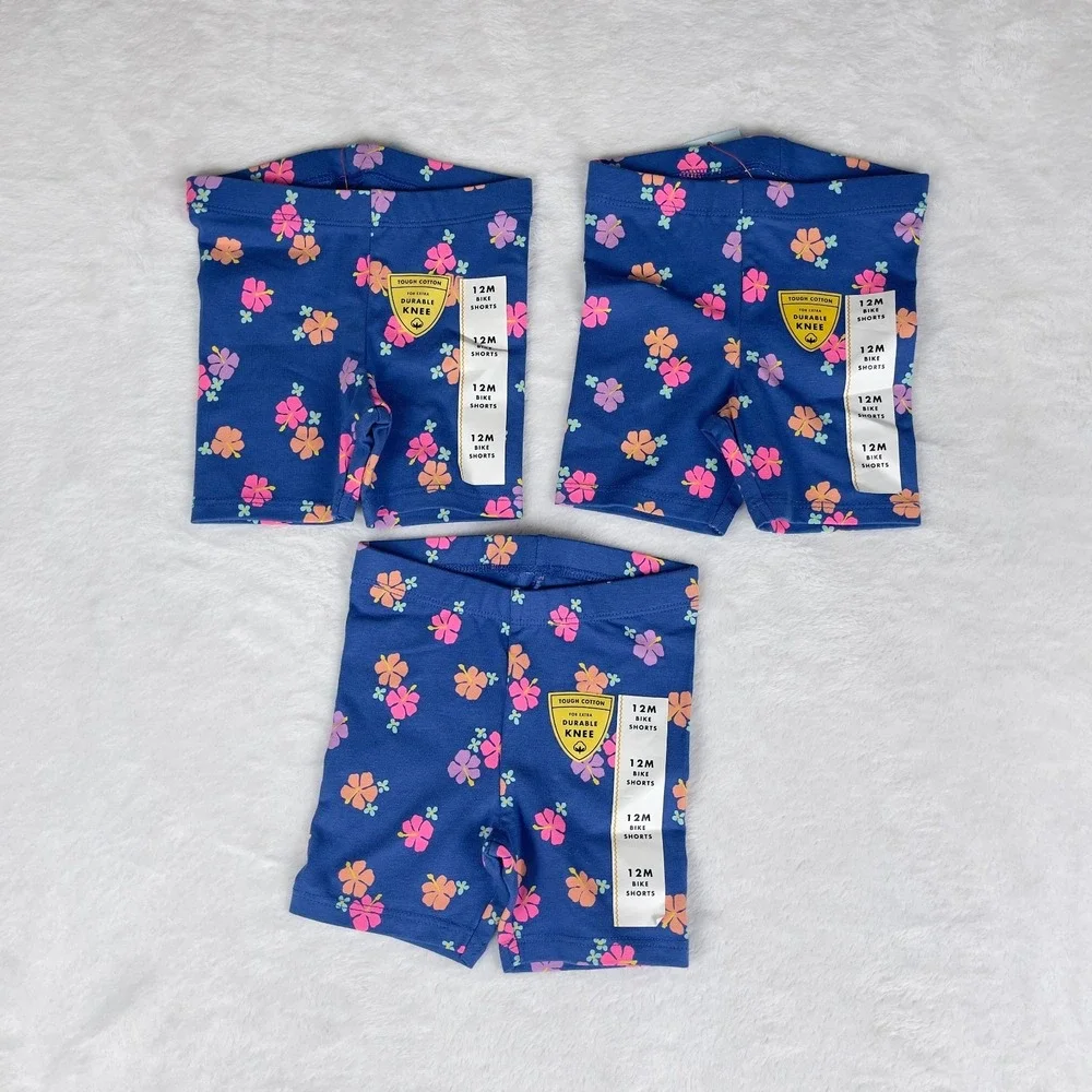 Lot of 3 Cat & Jack Bike Shorts Baby Girls 12M Blue Floral Extra Durable Knee‎